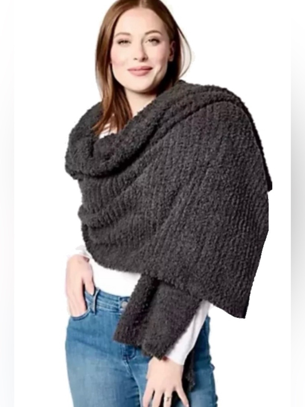 Barefoot Dreams CozyChic Boucle Blanket Scarf NWT Carbon Gray